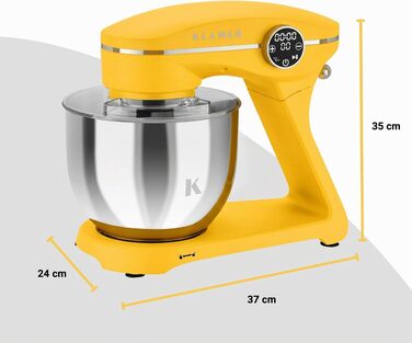Кухонний комбайн KLAMER 1800W: планетарний міксер для тіста з чашею з нержавіючої сталі 6л, 10 швидкостей, таймером та набором насадок (Premium Yellow)