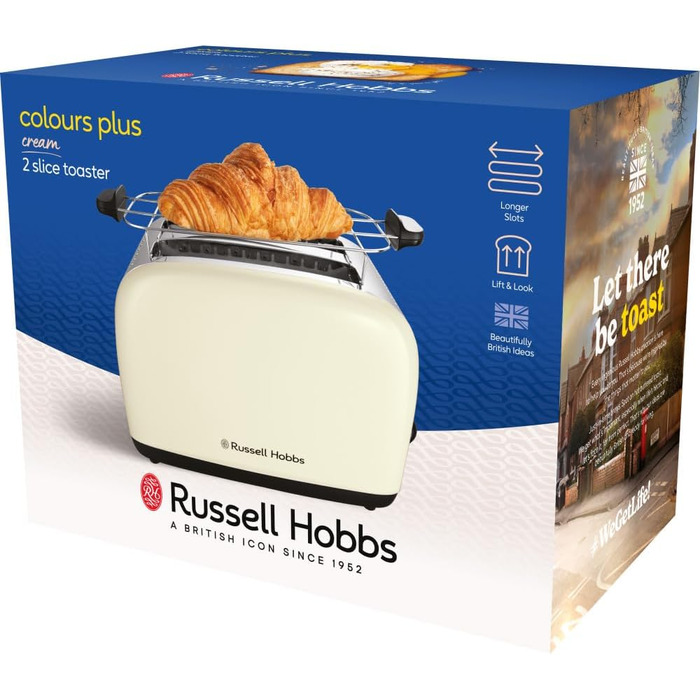 Тостер Russell Hobbs Colours Plus Edelstahl Creme на 2 тости, нержавіюча сталь - з підставкою для булочок, 6 режимів підсмажування, розморожування, Lift & Look, 1600 Вт
