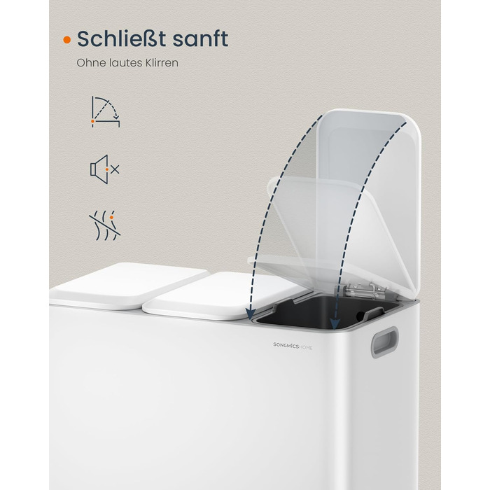 Сортувальний смітник для кухні SONGMICS HOME, 3×15 л, сталевий, з кришками, внутрішніми відрами та педалями, для роздільного збору сміття, білий