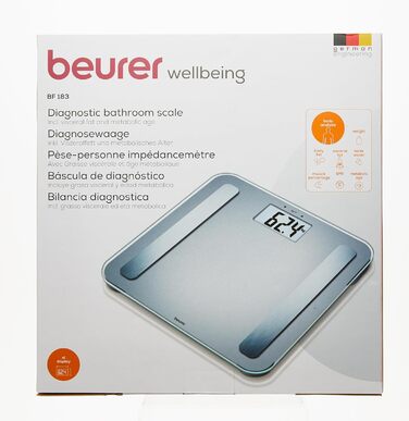 Діагностичні ваги Beurer BF 183 Silver — аналіз складу тіла, вимірювання ваги, жиру, ІМТ, м’язів, метаболічного віку, до 10 користувачів, дисплей XL, до 180 кг