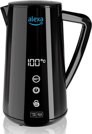 Розумний електрочайник Swan Alexa WIFI 1,5 л, чорний, сенсорний LED-екран, регулювання температури, підтримка тепла, ізольована сталева стінка, 1800 Вт, Euro-вилка