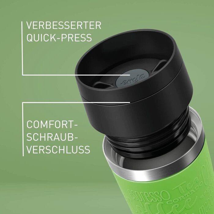 Термокружка Emsa N20210 Travel Mug Classic з нержавіючої сталі, 0.36 л, з кришкою-гвинтовою, ізоляція 4г гаряче/8г холодне, 100% герметична, для миття в посудомийній машині, з поворотним отвором для пиття (лімонний колір)