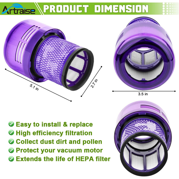 Комплект фільтрів Artraise для пилососів Dyson V11 V15, 3 шт, багаторазові, змінні HEPA-фільтри для Dyson V11 V15 SV14 SV22 Absolute Animal Detect Cyclone Extra Pro Torque Drive, сумісні з DY-970013-02 & 97001302