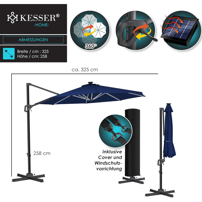 Сонячна парасолька KESSER XL 330 см з LED-підсвічуванням, сонячною батареєю, чохлом, вітрозахистом, 7-позиційним регулюванням, нахилом, обертанням 360°, для саду, з ручкою, захист від UV50+, темно-синя