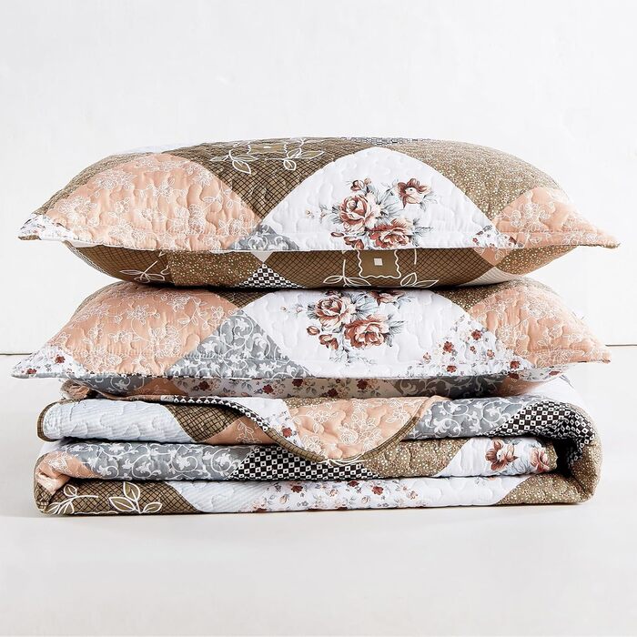 Покривало WONGS BEDDING 220x240 см синє, стьобане, мікрофібра, квітковий патчворк, з 2 наволочками 50x75 см