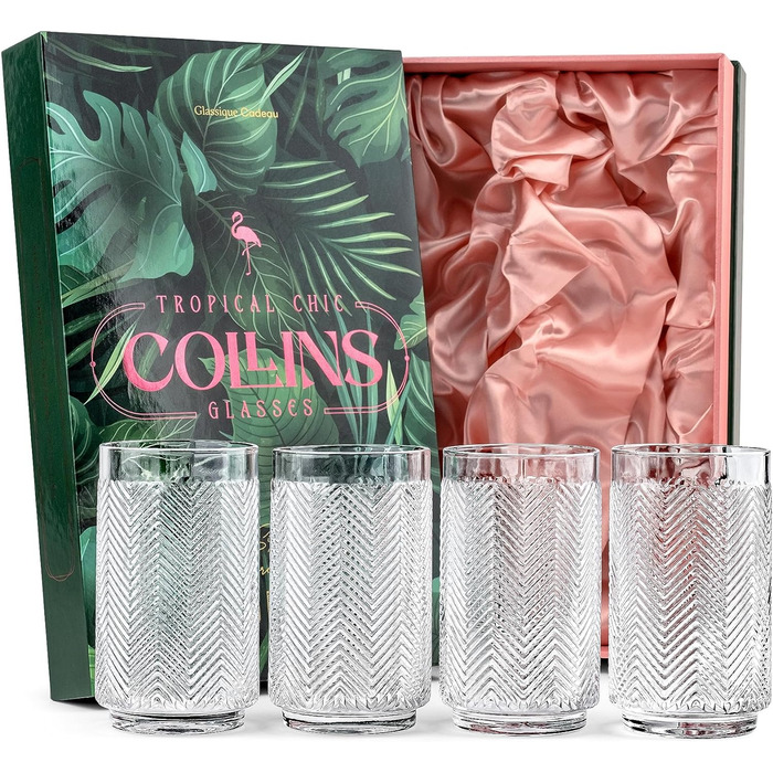 Набір склянок GLASSIQUE CADEAU Vintage Flamingo для коктейлів, 340 мл, 4 шт – кришталеві лонгдрінк та хайбол для Мохіто, Кайпірінья, тропічних і тіки коктейлів