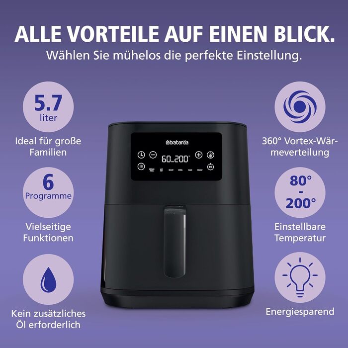 Аерофритюрниця Brabantia Airfryer XL 4-5.7л, 1700 Вт, 8 програм, цифровий сенсорний дисплей, без PFAS, чорна, BBEK1134