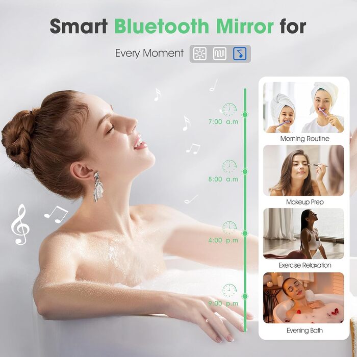 Дзеркало для ванної кімнати S'bagno Bluetooth з підсвічуванням 100x70 см, LED, протитуманне, регулювання кольору 3000K-6500K, диммування, пам'ять, HD-загартоване скло, IP44, горизонтальне/вертикальне