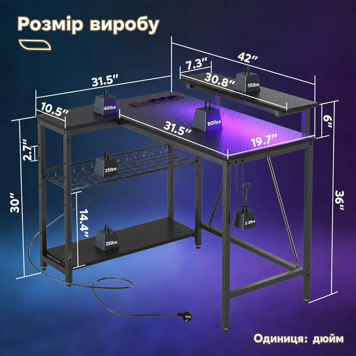 Ігровий кутовий стіл Bestier L-подібної форми з LED-підсвічуванням, розетками, 2 полицями та гачками – кутовий стіл для комп'ютера, офісу, спальні та геймінгу 106 x 80 см, 3D-вуглецеве волокно чорного кольору
