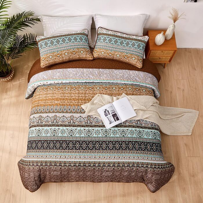 Покривало WONGS BEDDING Boho 220x240 см, стьобане, мікрофібра, 3 предмети: покривало і 2 наволочки 50x75, блакитне, для двоспального ліжка, спальня або диван
