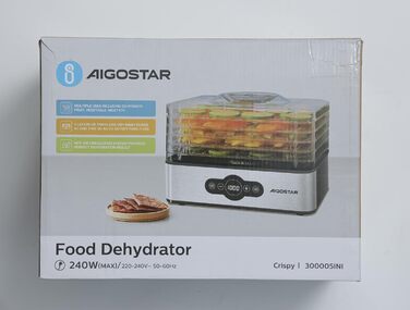 Дегідратор Aigostar Crispy 240Вт, 5 лотків, з таймером та терморегулятором, з нержавіючої сталі, для м'яса, овочів, фруктів, BPA-free