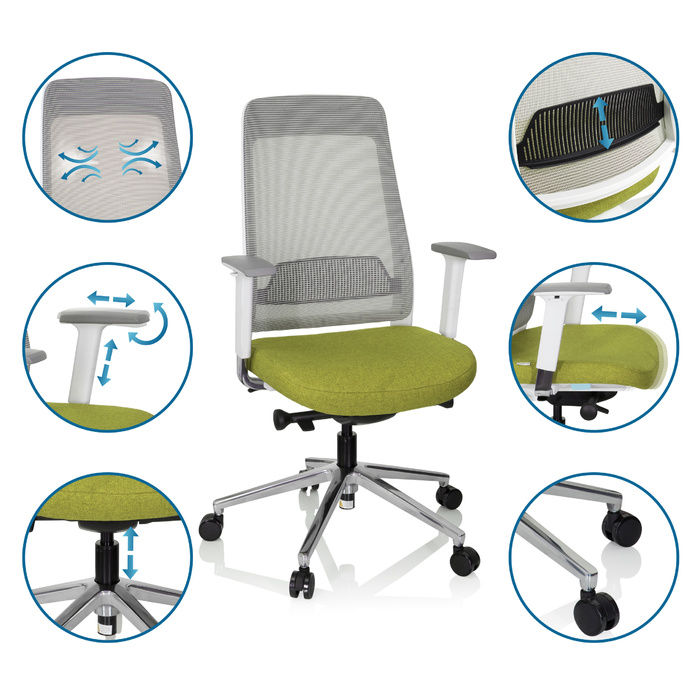 Офісне крісло / поворотне крісло CHIARO T2 WHITE сітка / тканина сіра / зелена hjh OFFICE