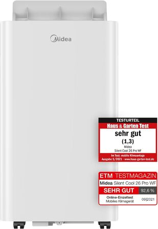 Мобільний кондиціонер Midea Silent Cool 26 Pro WF 9000 BTU, 2,6 кВт, для приміщень до 33 м², охолодження, вентиляція, осушення, з Wi-Fi, керування через додаток, Alexa, Google Home, IFTTT, з відвідним шлангом