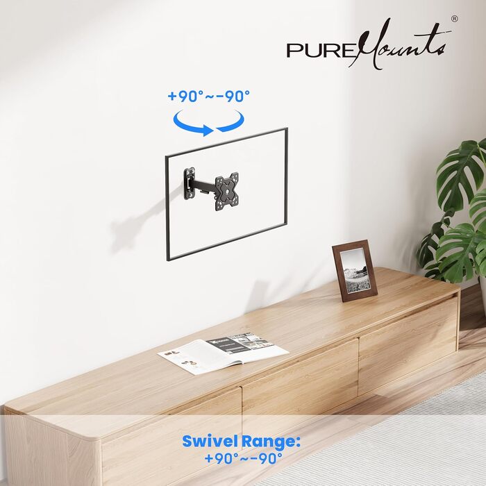 Настінний кронштейн для ТБ та монітора PureMounts, нахильний та поворотний, VESA 100x100 мм, для екранів 13-32 дюйми до 20 кг, чорний