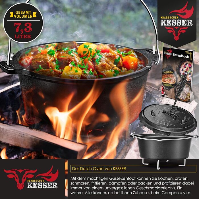 Набір чавунного казана KESSER Dutch Oven 7,3 л для барбекю та гриля, казан з кришкою, підставкою з нержавіючої сталі та ручкою-підйомником, для використання на вулиці та вдома