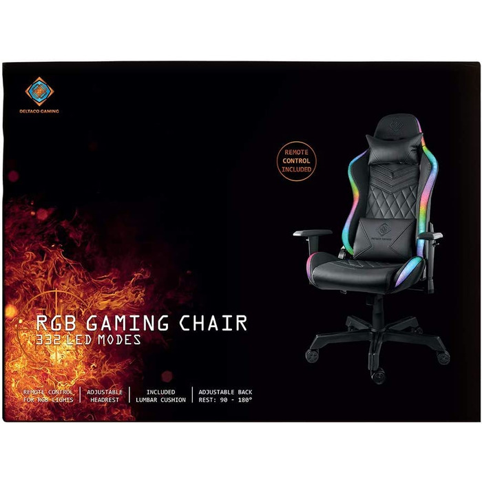 Ігрове крісло Deltaco Gaming DC410 з LED-підсвіткою, екошкіра, RGB освітлення, ергономічне, з подушками для попереку та шиї, чорне