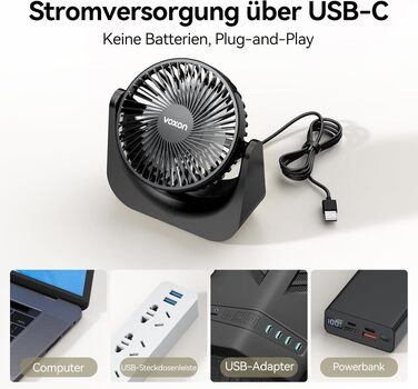 VOXON USB Настільний вентилятор міні з 5 швидкостями, тихий USB-вентилятор з кабелем 1.5м для офісу, дому, спальні, чорний