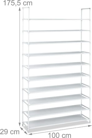 Шафа для взуття Relaxdays з тканини, 175,5x100x29 см, на 50 пар, 10 ярусів, модульна, XXL, біла