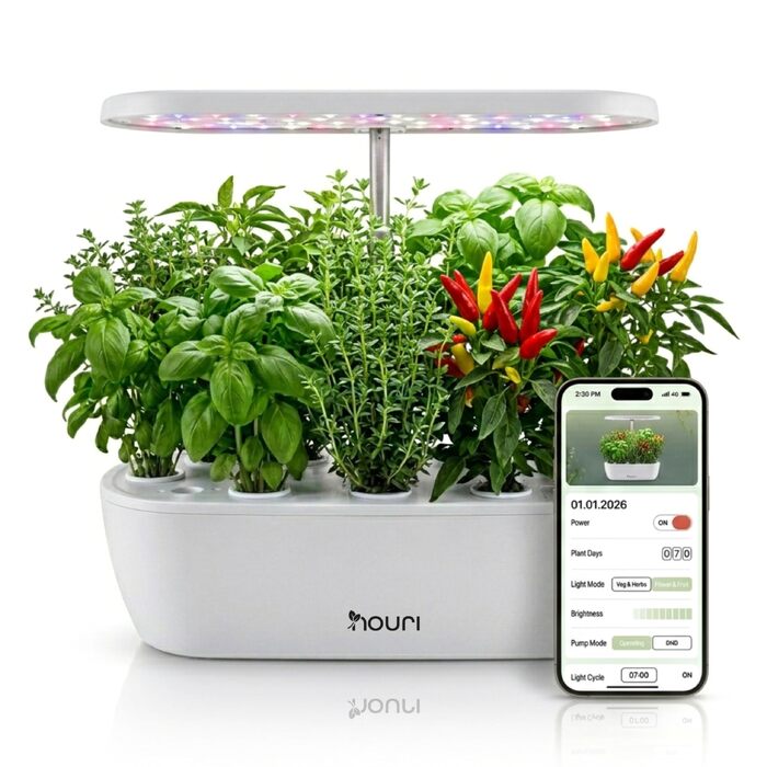 Nouri Smart Garden 12 Pod: Гідропонна система для вирощування томатів та зелені вдома з додатком | LED лампа для рослин