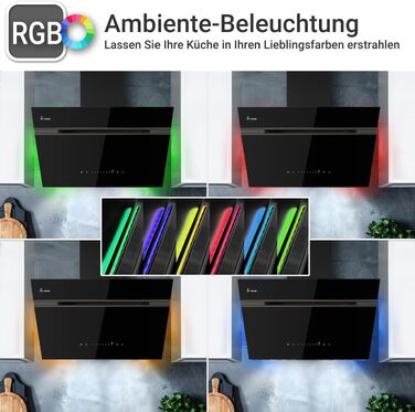 Витяжка для кухні KKT Kolbe Aurora 60 см, чорне скло, 782 м³/год, з WiFi, RGBW LED-підсвіткою та сенсорним керуванням, режим рециркуляції та відводу (AURORA6005FB)