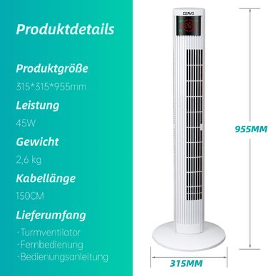 Вентилятор вежовий Turmventilator з пультом, LED-дисплеєм та таймером – 3 режими, 70° осциляція, 50 Вт, 97.5 см (білий)