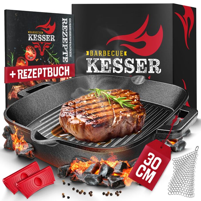 Сковорода-гриль KESSER® з чавуну для індукційних плит, 30 см | Сковорода з чавуну для приготування стейків | З захисними ручками, рецептами та очищувачем