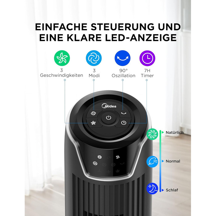 Вентилятор підлоговий Midea FZ10-17JR 92 см з пультом, 3 режими, 3 швидкості, таймер 7 год, чорний