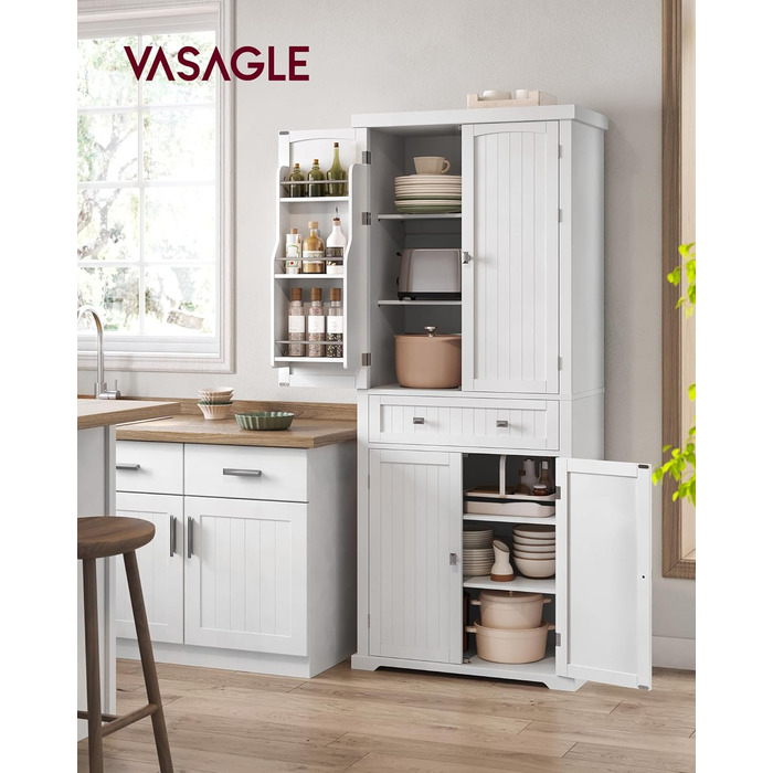 Шафа кухонна VASAGLE, висока, буфет-вітрина, з регульованими полицями, з ящиками, для кухні/вітальні, 40 x 76 x 182,1 см, білий BBC561W21