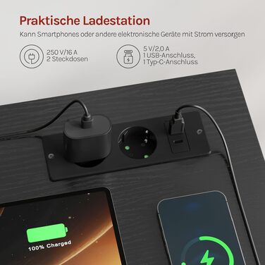 Комп'ютерний стіл WOLTU з 2 шухлядами, вбудованими розетками (USB, Type-C), підставкою для навушників та полицями, 120 x 51 x 75 см, чорний