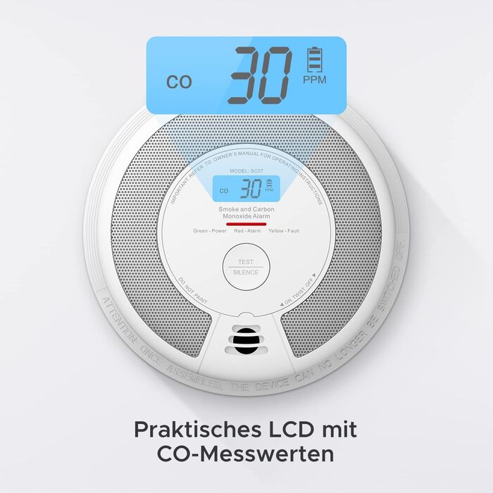 Датчик диму та CO X-Sense SC07 з LCD-дисплеєм, автономний, 10 років, з тестуванням, 360°