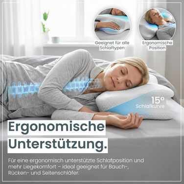 Ергономічна подушка для шиї Gentle North з ефектом пам'яті (Memory Foam), ортопедична подушка для сну на боці, спині та животі, зі знімним чохлом (61x40x12 см, біла)