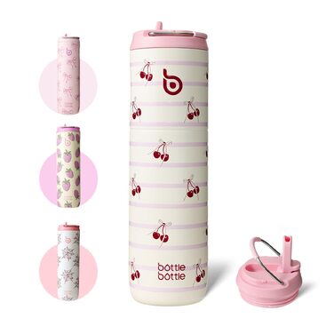 Термопляшка для води BOTTLE BOTTLE 750 мл з трубочкою, кришкою та ручкою — герметична, BPA-free, з подвійними стінками (принт Корова/Happy Cherry), для спорту та фітнесу