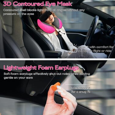 Подушка для подорожей під шию з ефектом пам'яті (Memory Foam) з 3D-маскою для сну та берушами, рожева — ідеальна для літака, авто та офісу