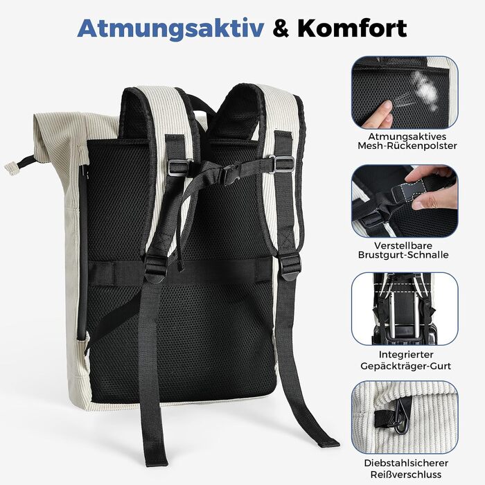 Водонепроникний рюкзак для ноутбука Rolltop 18-25Л, бежевий (30x13x48 см)