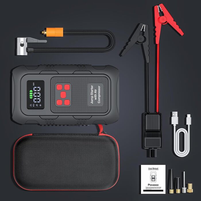 Бустер для авто Povasee Starthilfe Powerbank 5000A: пусковий пристрій для бензинових та дизельних двигунів (до 10л), 12V, з LCD-дисплеєм, 2 USB-портами та LED-ліхтарем, чорний