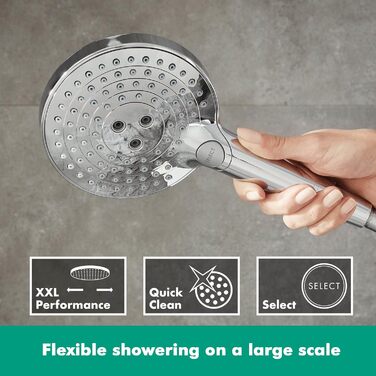 Душова лійка Hansgrohe Raindance Select S з економним споживанням води (9 л/хв), ручна лійка з 3 режимами, кругла (діаметр 120 мм), з антинакипним покриттям, хром, 3 економні струмені