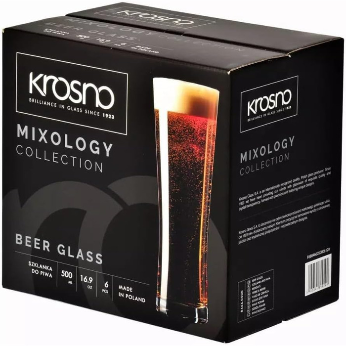 Склянки для пива Krosno Biergläser 500 мл, набір 6 шт. Універсальні, елегантний дизайн 