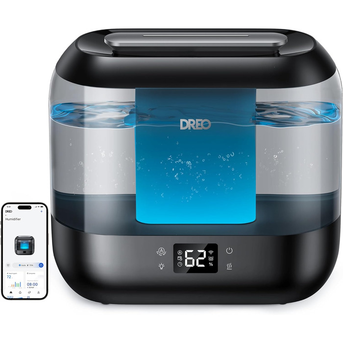 Dreo Smart зволожувач повітря для спальні 4 л, ультразвуковий, з верхнім заливанням, нічник, аромадифузор, до 32 годин роботи, тихий, чорний