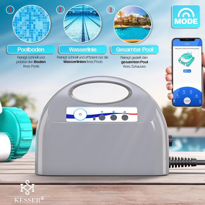 Робот-пилосос для басейну KESSER® для дна та стін (до 100 м²), з Wi-Fi керуванням та очищенням водолінії, для вбудованих басейнів, біло-бірюзовий