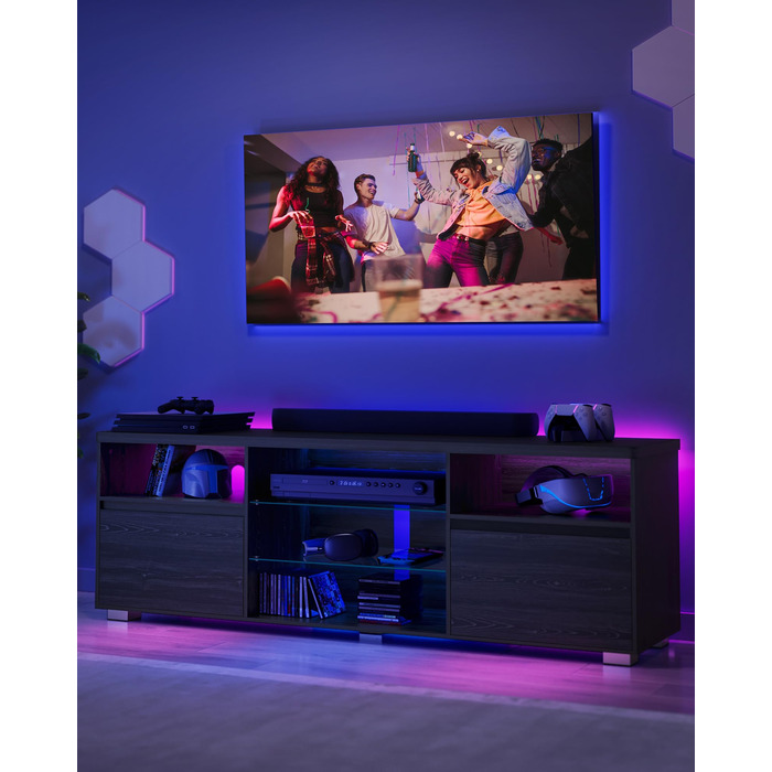 TV-тумба VASAGLE Kailyn LTV331T10 чорна з LED підсвіткою під телевізор до 70 дюймів, з полицями та шафками для вітальні
