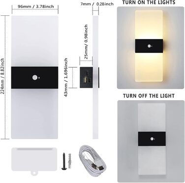 Бездротовий LED настінний світильник VOMI з датчиком руху, акумуляторний, USB зарядка, 4000 мАг, для коридору, сходів, 2 шт, 3000K