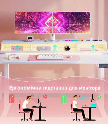Офісний стіл для геймінгу OffiGo, 140 см, регульована висота, RGB LED, розетки, 3 полиці, тримач для напоїв та навушників, поверхня з карбону, білий колір
