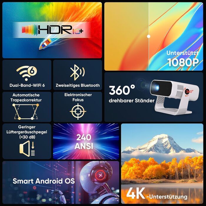 Smart міні-проектор Neuer 4K Android 14 WiFi6 BT5.2 для дому та мобільного використання (Чорний)