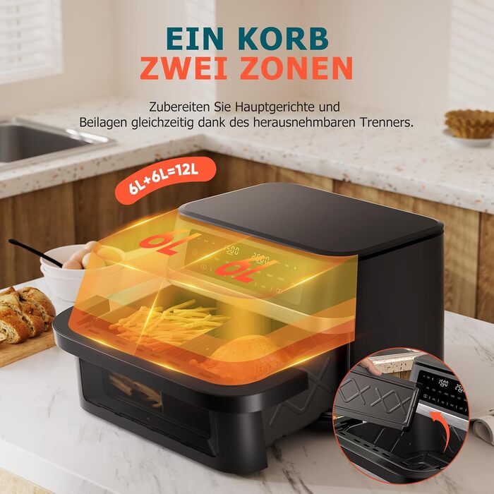 Фритюрниця без олії Heißluftfritteuse Double Stack 12L з подвійними камерами, 10 програм, сенсорний екран, таймер, чорна