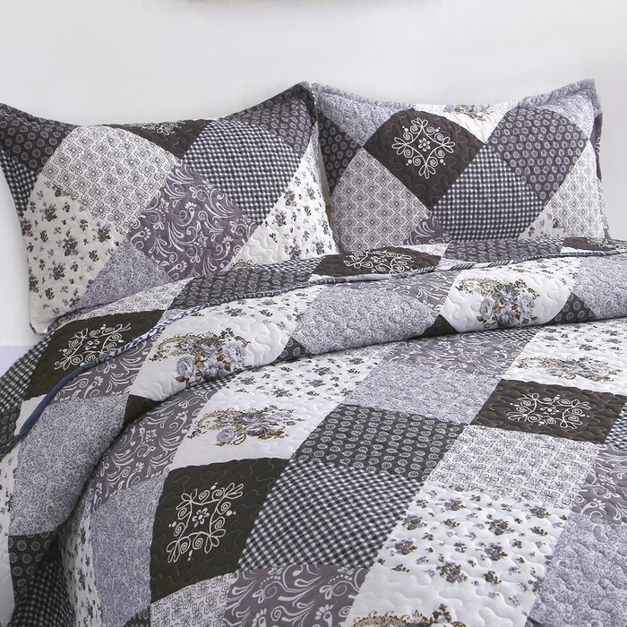 Покривало WONGS BEDDING 220x240 см, стьобане, мікрофібра, патчворк, з 2 наволочками 48x75 см, квітковий візерунок, чорний/сірий