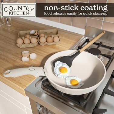 Набір посуду Country Kitchen (13 предметів): каструлі та сковороди з антипригарним покриттям, знімною ручкою, підходять для духовки та кемпінгу (Rhombus, кремовий)