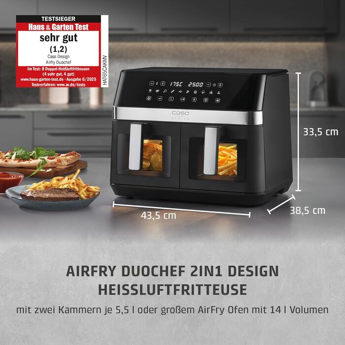 Аерофритюрниця з двома камерами CASO AirFry DuoChef, 14л, 10 програм, LED-дисплей, вікно перегляду, 50-200°C