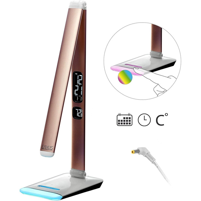 Настільна LED лампа Eaxus з RGB-підсвіткою, димером, сенсорною панеллю, годинником, календарем і термометром, мідна