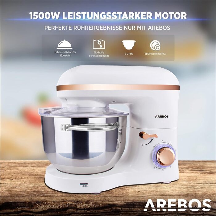 Кухонна машина Arebos 1500W з чашею 6L з нержавіючої сталі | Змішувач, гак для тіста, вінчик | Кришка-розбризкувач | 6 швидкостей | Кухонний комбайн | Машина для тіста (Біла)