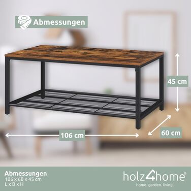 Журнальний стіл holz4home Connie з полицею, 106x60x45 см, індустріальний стиль, коричневий, для вітальні, чайний стіл, вінтаж